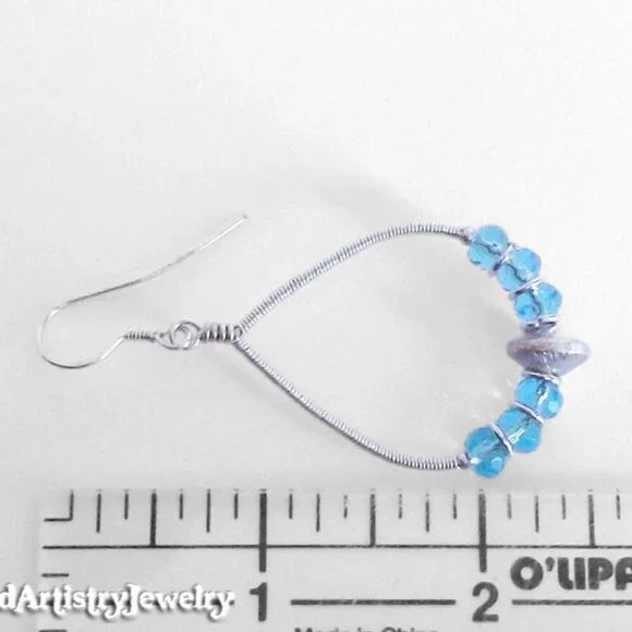 Aqua Blue Silver Wire Wrapped Teardrop Hoop Earrings - Picture 3 of 3